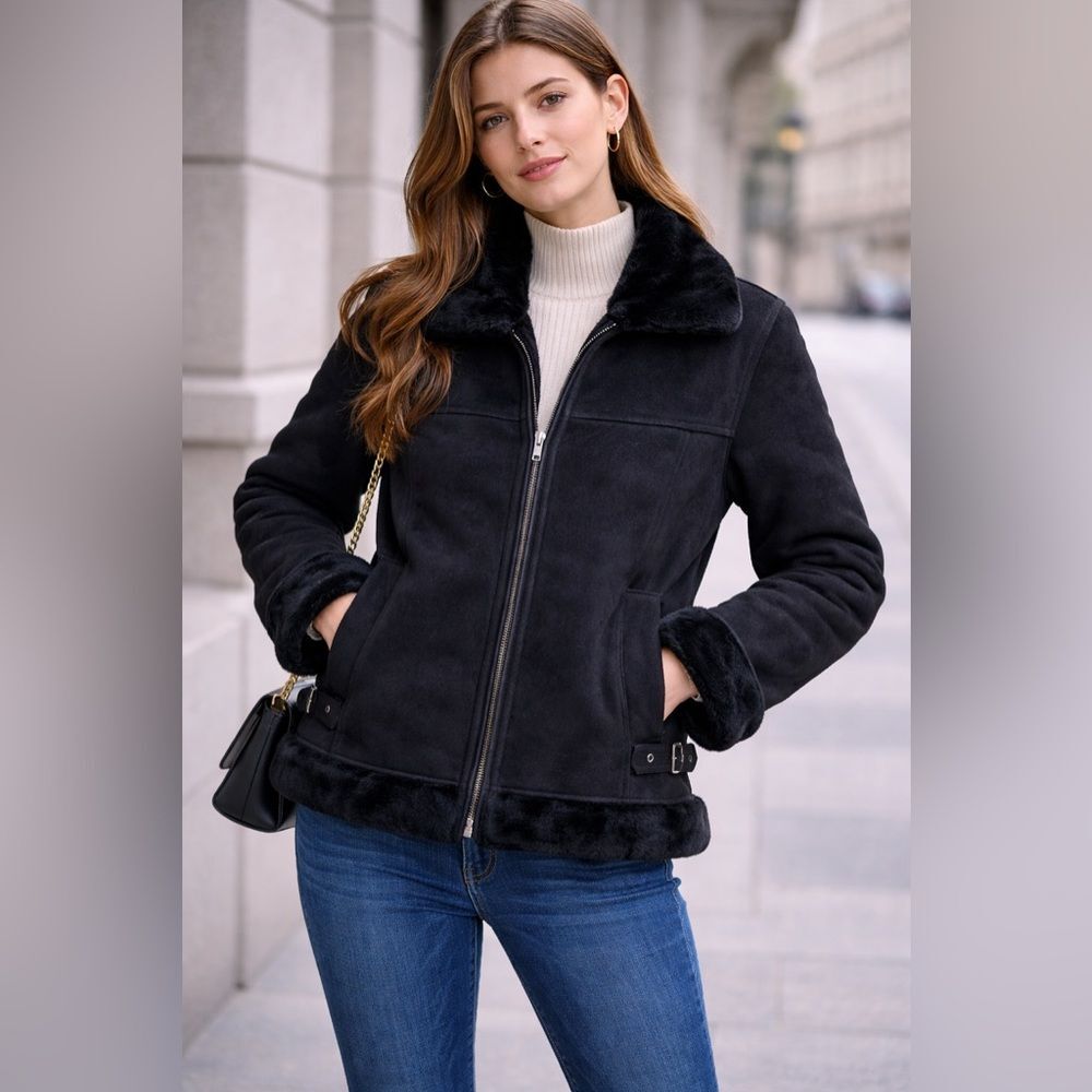 MP Member's Property Women Black Suede Jacket Faux Fur Lined Full Zip Size S NWT
